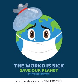 Cute sad Earth, Coronavirus attacking the earth, earth crying cartoon,Corona virus concept.,vector illustration