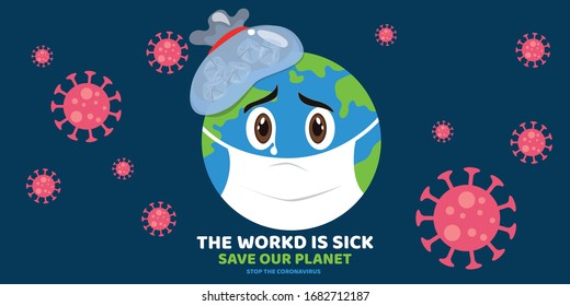 Cute sad Earth, Coronavirus attacking the earth, earth crying cartoon,Corona virus concept.,vector illustration