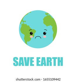 Cute traurige Erde Planet bitten Helfer Charakter. Vektorillustration flach im Stil der Illustration Symbol Design. Einzeln auf weißem Hintergrund.