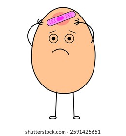 Cute sad Easter egg character with bandage wound on his head. Concept of  traditional Easter holiday. One icon isolated on  white background. Flat design. 