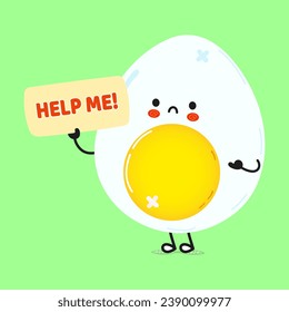 Cute sad Egg asks for help character. Vector hand drawn cartoon kawaii character illustration icon. Isolated on green background. Suffering unhealthy Egg character concept