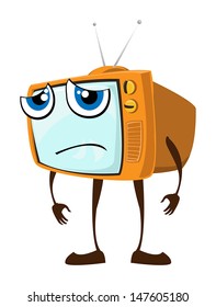 Cute sad face on retro TV set, orange cover and tiny antenna, vector illustration