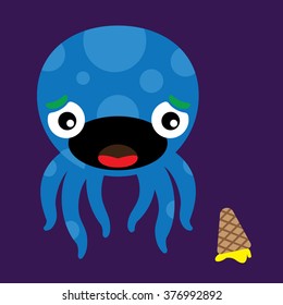Cute sad flat vector octopus cartoon character upset over ice cream cone on the floor