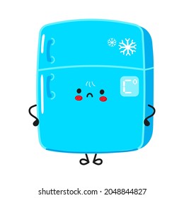 Cute sad fridge character. Vector hand drawn cartoon kawaii character illustration icon. Isolated on blue background. Fridge character concept