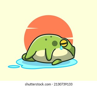 cute sad frog illustration, mascot icon, flat cartoon style.