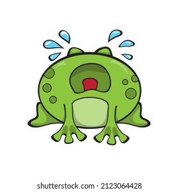 Cute sad frog sitting and crying. Green funny cartoon frog character. Vector illustration on white