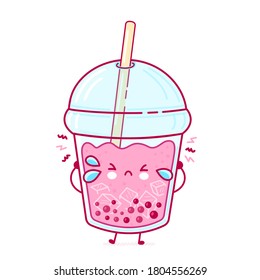 Cute sad funny bubble tea cup. Vector flat line cartoon kawaii character illustration icon. Isolated on white background. Boba, bubble tea concept
