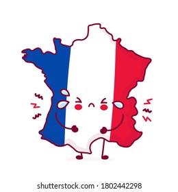 Cute sad funny France map and flag character. Vector flat line cartoon kawaii character illustration icon. Isolated on white background. France concept