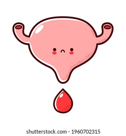 Cute sad funny human bladder organ character with blood drop. Vector flat line cartoon kawaii character illustration icon. Isolated on white background. Bladder and blood character mascot concept
