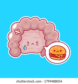 Cute sad funny human intestine organ and speech bubble with burger. Vector flat line cartoon kawaii character illustration icon. Digestive tract concept