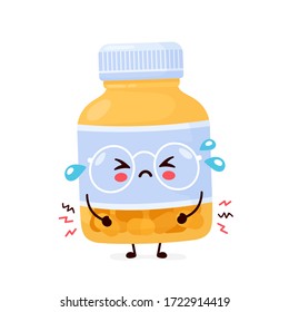 Cute sad funny pill bottle. Vector cartoon character illustration icon design.Isolated on white background