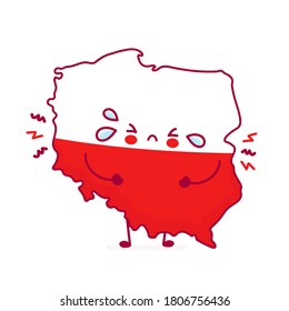 Cute traurigen lustigen Polarkarte und Flaggencharakter. Vektorgrafik mit flacher Linie Kawaii Zeichentricksymbol. Einzeln auf weißem Hintergrund. Polen-Konzept