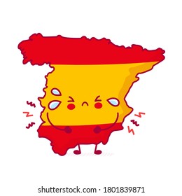 Cute sad funny Spain map and flag character. Vector flat line cartoon kawaii character illustration icon. Isolated on white background. Spain concept