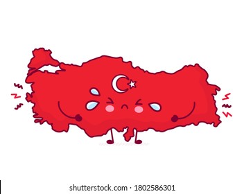 Mapa y personaje de la bandera de Turquía, triste y gracioso. Dibujo de línea plana vectorial kawaii icono de ilustración de personaje. Aislado sobre fondo blanco. Concepto de Turquía
