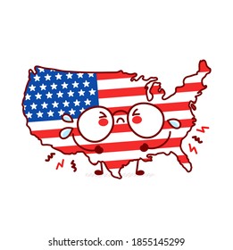 Mapa y personaje de la bandera de EE.UU. muy triste. Dibujo de línea plana vectorial kawaii icono de ilustración de personaje. Aislado sobre fondo blanco. Concepto de los Estados Unidos de América, Estados Unidos de América
