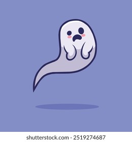 Ein süßer, trauriger Geist, der mit einem besorgten Ausdruck schwebt. Einfache Linien und Pastellfarben machen es ideal für Halloween, Kinderinhalte oder skurrile Designprojekte.