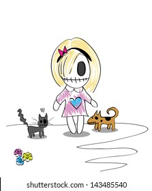 cute sad girl with cat and dog