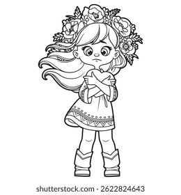 Cute sad girl in a dress with Ukrainian embroidery and a wreath hugs a heart picture for coloring
