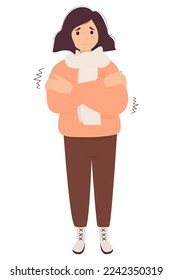 Cute sad girl freezing wearing, fall ill and shivering. Cartoon flat vector illustration