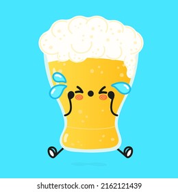 Cute sad glass of beer character. Vector hand drawn cartoon kawaii character illustration icon. Isolated on blue background. Sad cute glass of beer character concept