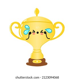 Cute sad golden trophy cup character. Vector hand drawn cartoon kawaii character illustration icon.Isolated on white background. Sad golden trophy cup character emoji,child,face,adorable,kids,sport 