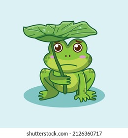 Rana verde triste lindo refugiarse con el personaje de caricatura de la hoja de taro aislado