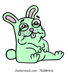 Cute sad green hare. Vector illustration. Cartoon digital drawing cute animal character.