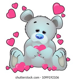 Cute sad grey plush bear and pink hearts isolated on white background. Vector cartoon close-up illustration.