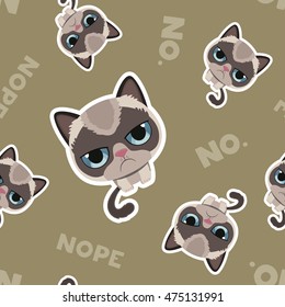 Cute sad grumpy cat in material design style. Vector cat pattern. Seamless pattern with cat. Pattern for an unusual gift.