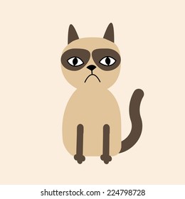 Cute sad grumpy siamese cat in flat design style. Vector illustration