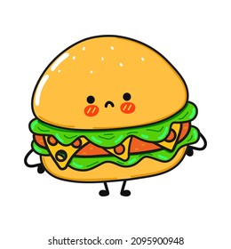 Cute sad hamburger character. Vector hand drawn cartoon kawaii character illustration icon. Isolated on white background. Hamburger character concept