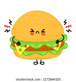 Cute sad hamburger character. Vector hand drawn cartoon kawaii character illustration icon. Isolated on white background. Angry sad cute hamburger character concept