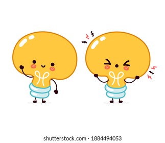 Cute sad and happy funny light bulb, lamp character. Vector flat line cartoon kawaii character illustration icon. Isolated on white background. Lightbulb with face character mascot concept