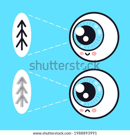 Cute sad and happy human eyeball organ look on tree character. Vector doodle cartoon illustration icon design. Eye care, bad,good vision,eyeball problem character concept
