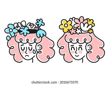 Cute Sad And Happy Woman Head With Flowers Inside Head. Good Vs Bad Mood, Mental Health, Depression.emotional Concept.Vector Cartoon Character Illustration Icon. Isolated On White Backgound
