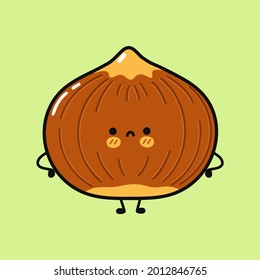 Cute sad Hazelnut character. Vector hand drawn cartoon kawaii character illustration icon. Isolated on green background. Hazelnut character concept
