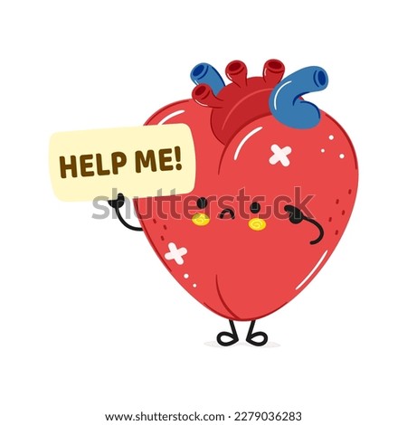 Cute sad heart organ asks for help character. Vector hand drawn cartoon kawaii character illustration icon. Isolated on white background. Suffering unhealthy heart organ character concept