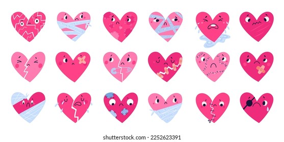 Cute sad hearts. Broken cartoon love symbols with faces, cracked kawaii characters, romantic signs, wounds fixing try, emotional relationships, sadness feelings, stickers