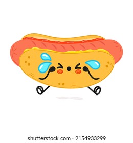 Schönen heißen Hundecharakter. Vektorhandgezeichnete Cartoons kawaii Zeichentricksymbol. Einzeln auf weißem Hintergrund. Sad cute hot dog-Character-Konzept