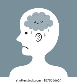 Cute sad human head in profile with rain cloud inside. Bad mental, emotional condition. Vector cartoon character illustration icon. Depression concept 