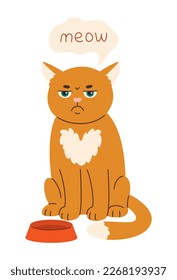 Cute sad hungry ginger cat sitting by the empty bowl. Domestic animal flat vector illustration