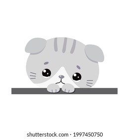 Cute sad kawaii cat isolated on white background. Cartoon flat style. Vector illustration