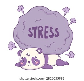 Cute Sad Kawaii Panda Lying Crushed By Heavy Grey Boulder With Stress Text. Emotional Burnout And Mental Pressure Concept. Tired Unhappy Cartoon Bear Animal Character. Vector Illustration