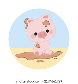 Cute Sad Kawaii Style Pig Sitting In A Mud Puddle. Round Background In The Form Of Sand And Sky.