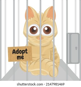 Cute Sad Kitty In A Cage Pet Adoption Vector