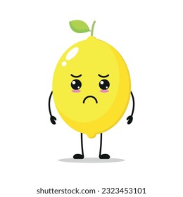 Un triste personaje de limón. Divertido e infeliz emoticono de tiras cómicas de limón en estilo plano. Ilustración vectorial de emoji de frutas