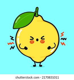 Cute sad lemon character. Vector hand drawn cartoon kawaii character illustration icon. Isolated on blue background. Angry cute lemon character concept