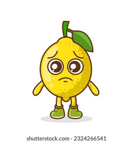 Carácter de fruta de limón triste, personaje de limón con emoción triste, cara, ojos depresivos