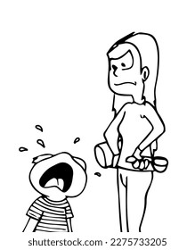 Cute sad little boy character crying loud while his mother look at him very angry. Sketch hand drawn black and white cartoon style vector illustration isolated on white background.