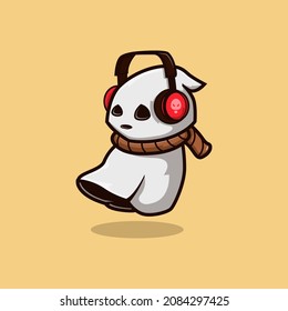 cute sad little ghost vector illustration design using headset